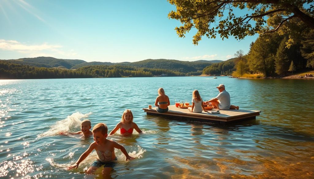 A sunny, idyllic scene of a Michigan summer family outing. In the foreground, a group of children joyfully playing in the crystal-clear waters of a lake, their laughter echoing across the serene landscape. In the middle ground, parents and grandparents relax on a wooden dock, enjoying a picnic spread and taking in the breathtaking views of rolling hills and lush, verdant forests in the distance. Warm, golden sunlight filters through the trees, casting a warm, inviting glow over the entire scene. The atmosphere is one of tranquility, togetherness, and cherished moments shared by loved ones amidst the natural beauty of Michigan's picturesque summertime.