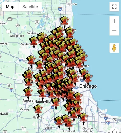 Map showing Moovers Chicago locations, local and long distance moving services.