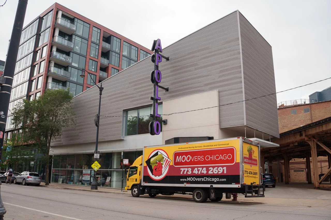 Moovers Chicago truck parked near Apollo building, local moving services.