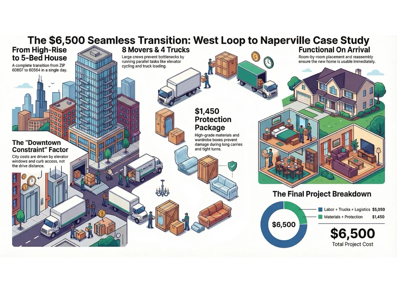 Infographic of a moving case study from West Loop to Naperville by Moovers Chicago.
