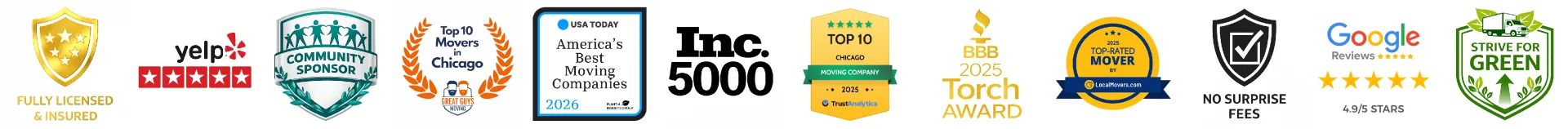 Moovers Chicago badges and awards showcasing top moving services and customer satisfaction.