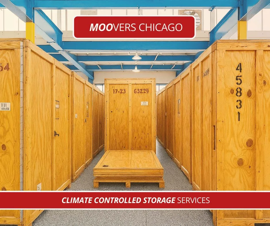 Moovers Chicago climate controlled storage services with wooden crates.