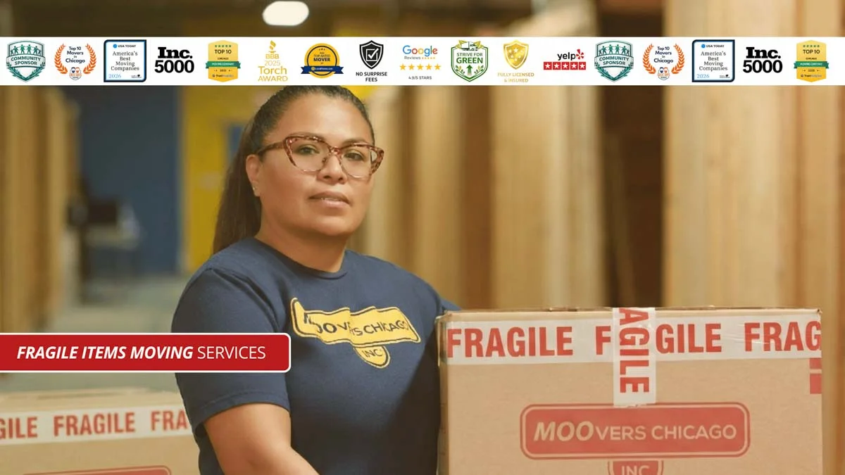 Moovers Chicago employee handling fragile items, showcasing moving services.