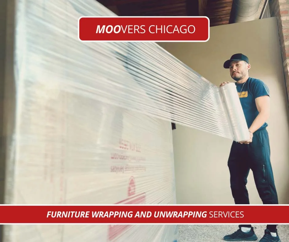 Moovers Chicago employee wrapping furniture for moving services.