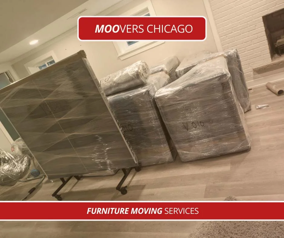 Moovers Chicago furniture moving services with wrapped furniture ready for transport.
