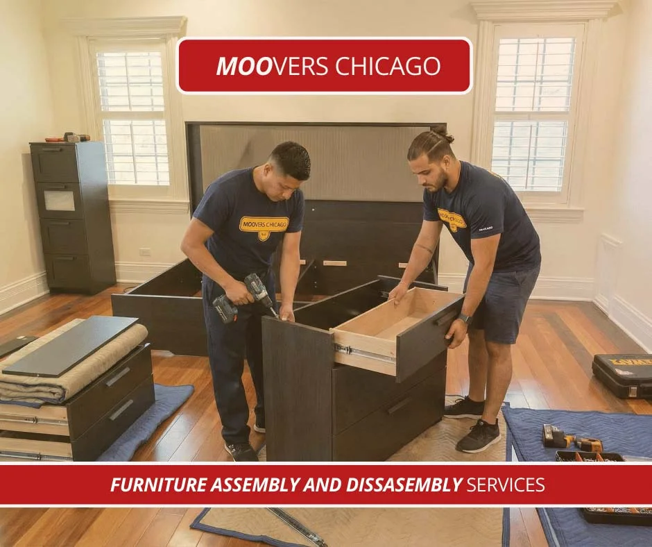 Moovers Chicago team assembling furniture, local and long distance moving services.