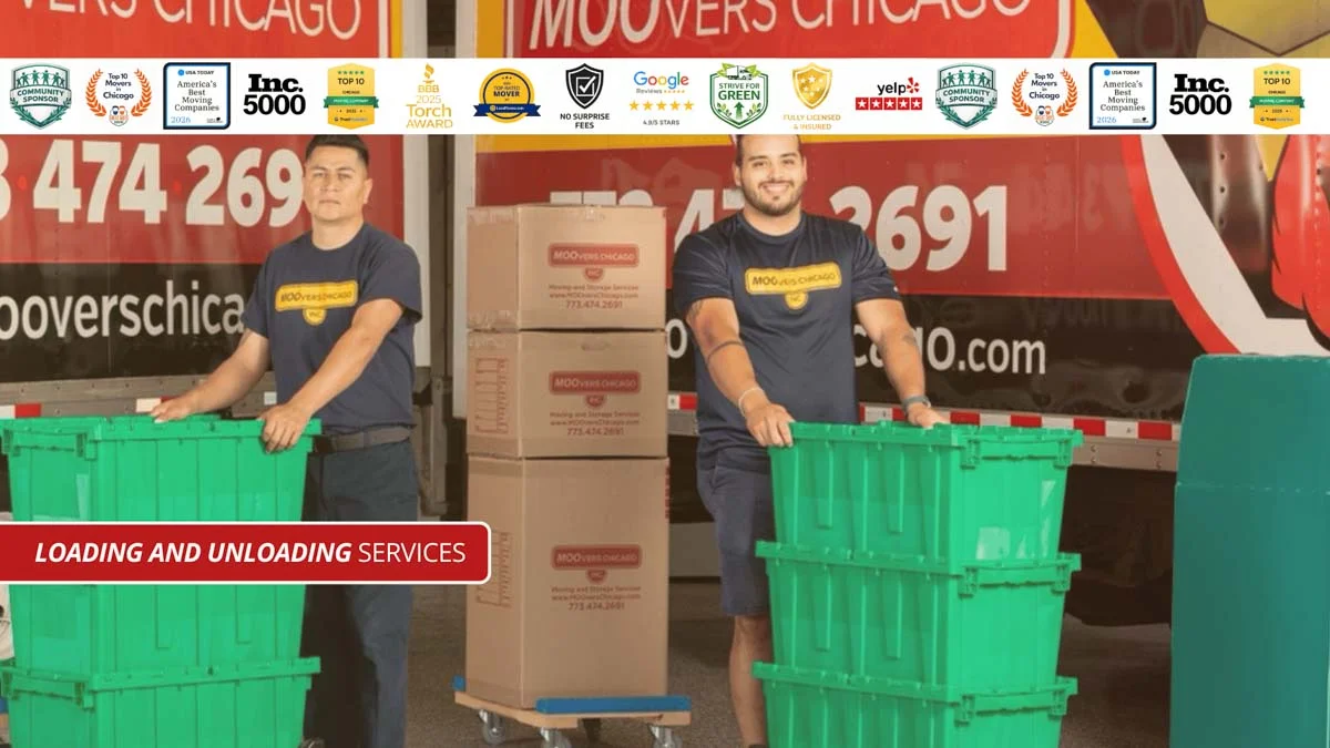 Moovers Chicago team loading boxes into a moving truck, local and long distance moving services.