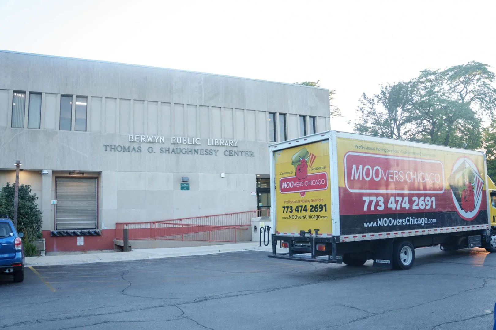 Moovers Chicago truck parked at Berwyn, IL Public Library.