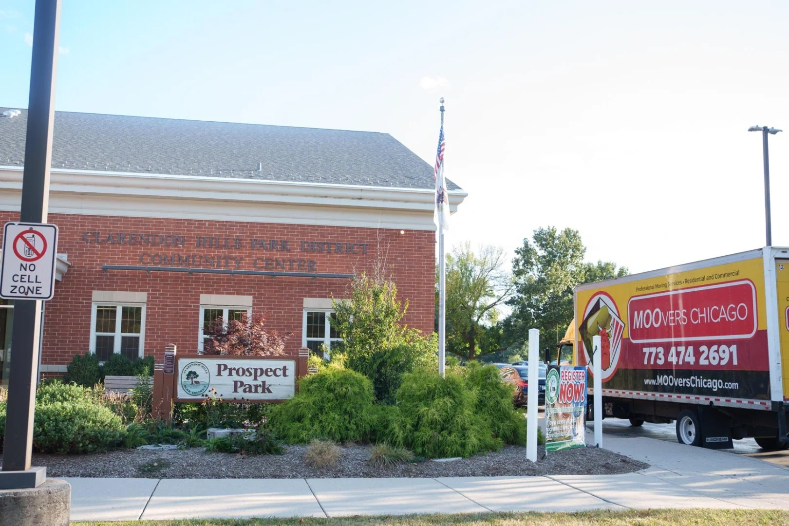 Moovers Chicago truck parked near Clarendon Hills Community Center, IL.