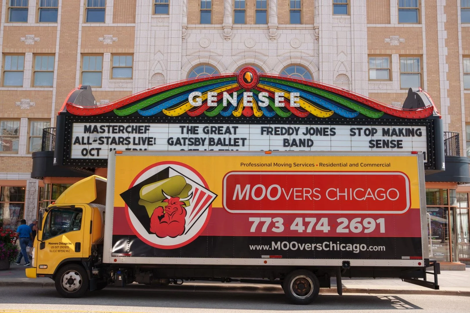 Moovers Chicago moving truck in front of Genesee Theatre in Waukegan, IL.