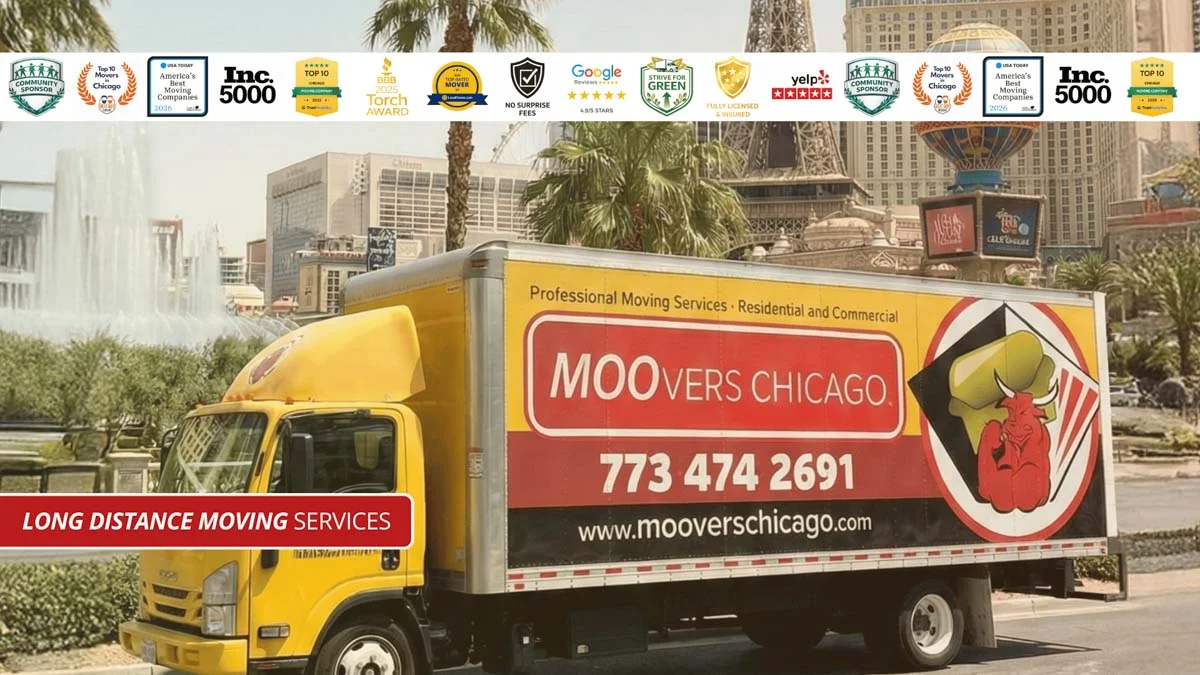 Moovers Chicago truck offering long distance moving services in city.