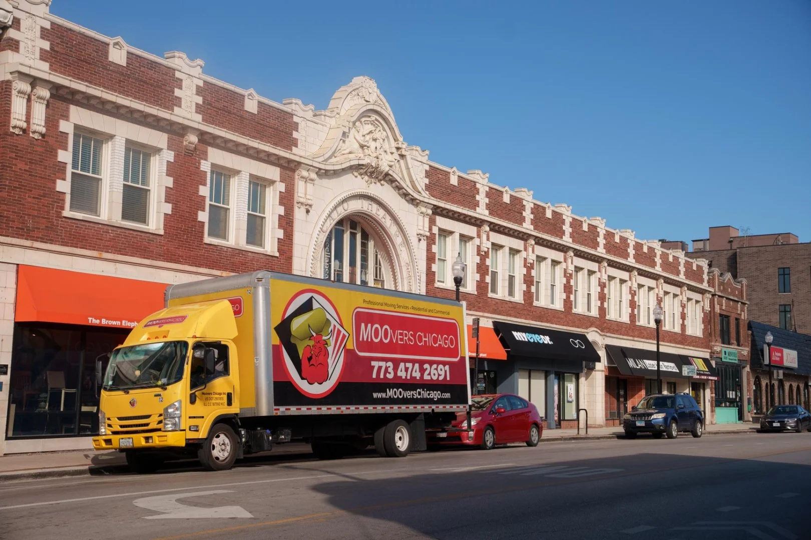 Moovers Chicago truck parked on a street, local and long distance moving services in Andersonville, IL.