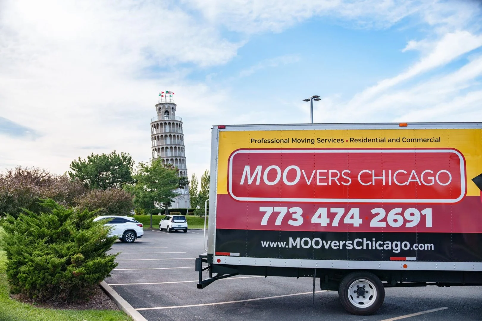 Moovers Chicago truck in parking lot, offering local and long distance moving services in Niles, IL.