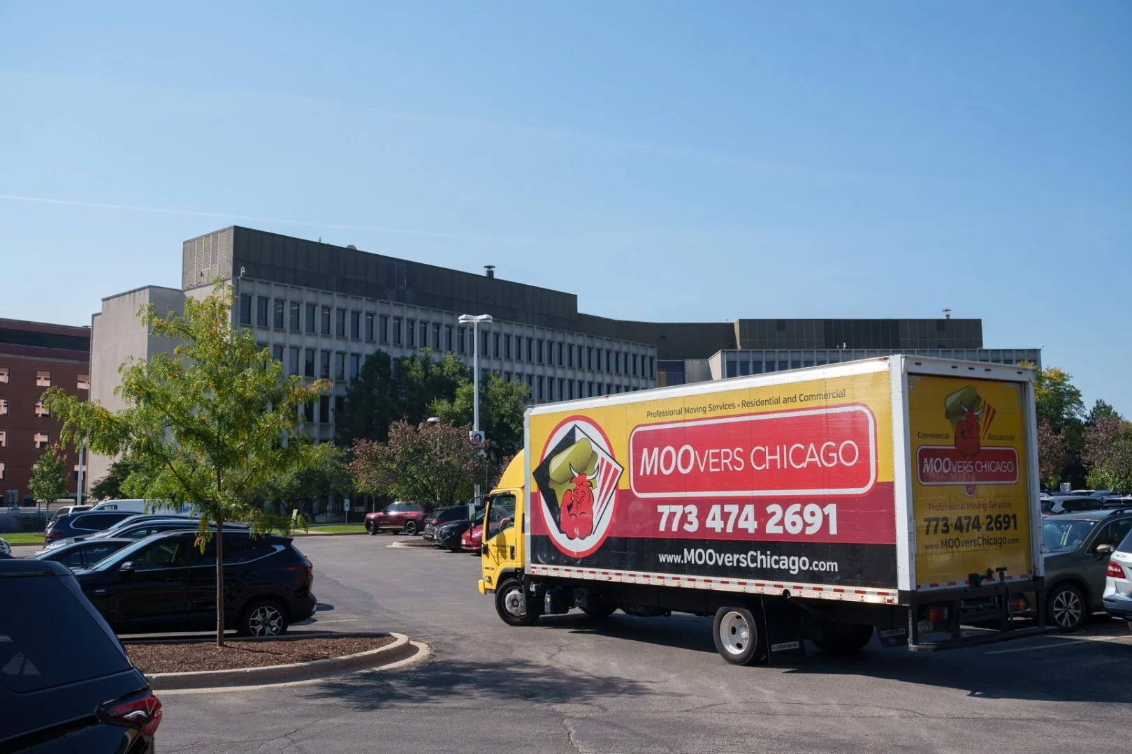 Moovers Chicago truck in a parking lot, local and long distance moving services in Norwood Park, Illinois.