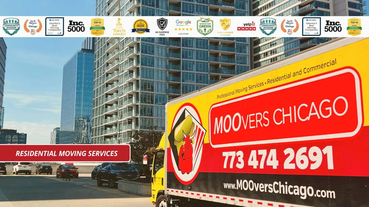 Moovers Chicago truck offering residential moving services in urban setting.