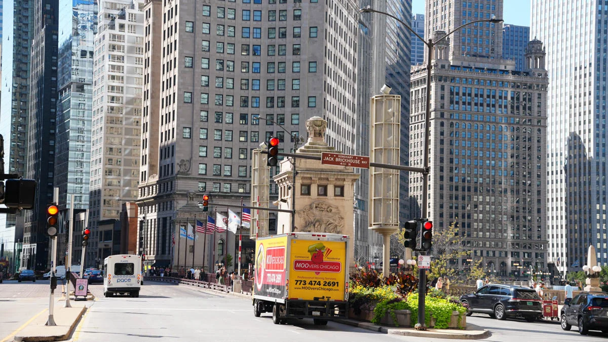 Moovers Chicago truck in downtown, local moving services.