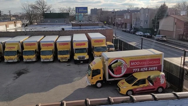 Moovers Chicago moving trucks parked, offering local and long distance moving services.