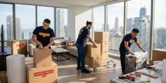 Movers Chicago team packing boxes in a high-rise apartment with city view.