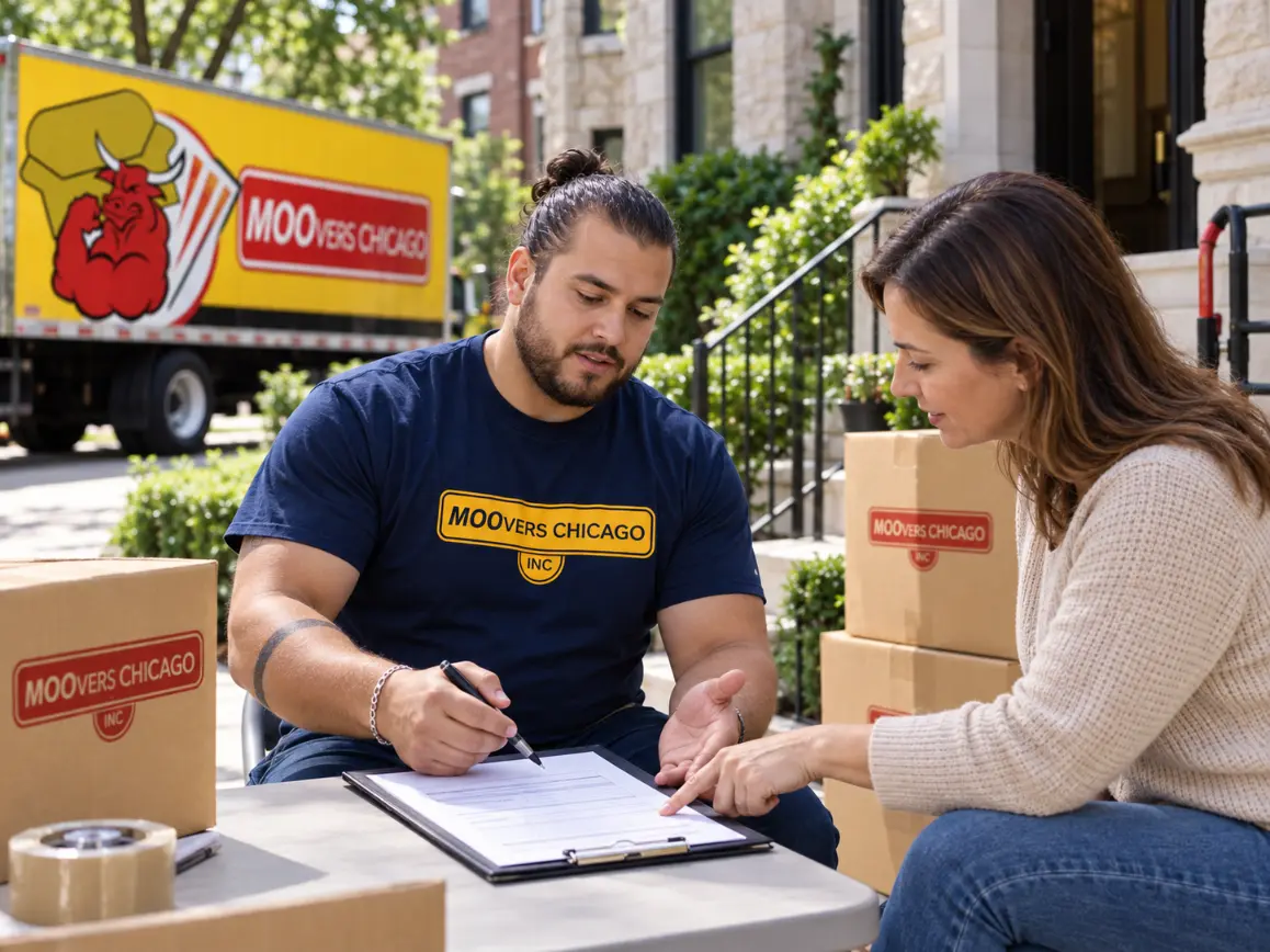 MOOvers Chicago foreman discussing the moving contract and valuation options with a customer