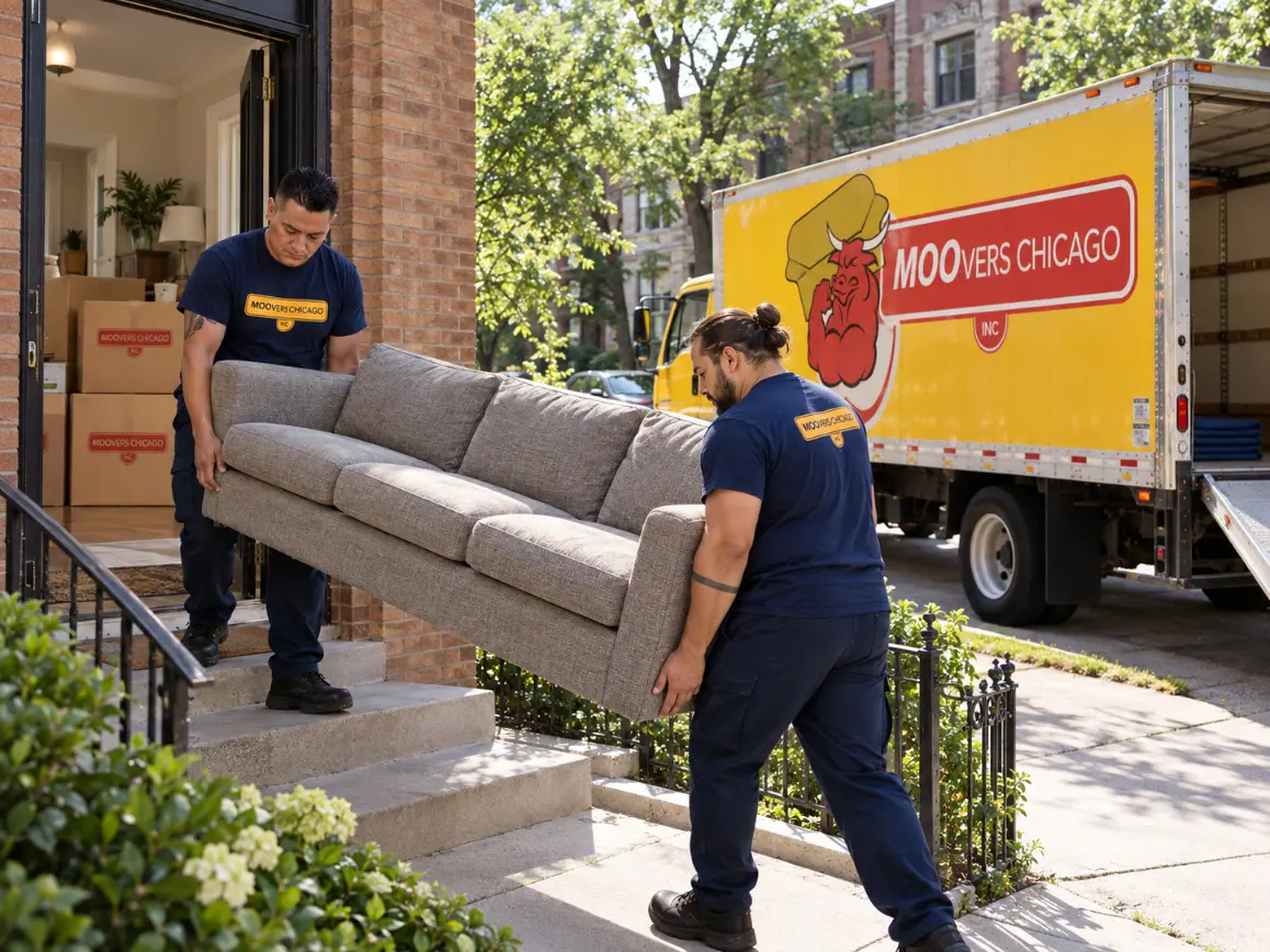 MOOvers Chicago movers hauling a sofa away for junk removal