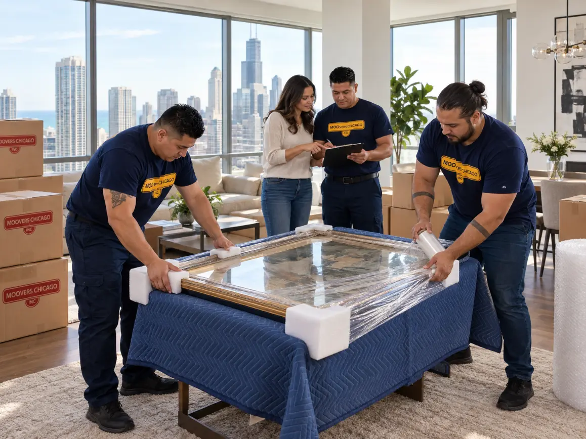 MOOvers Chicago team packing and wrapping a large furniture item for safe transport under valuation coverage
