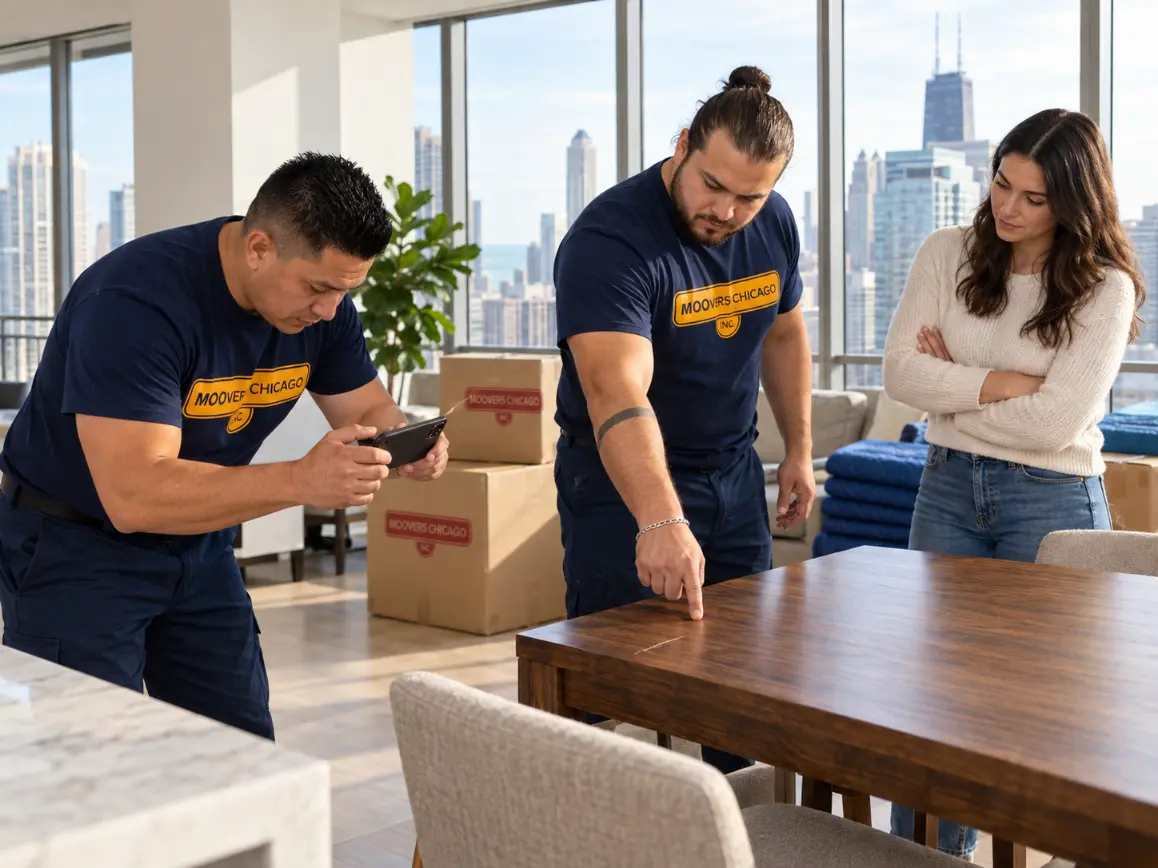 Movers from MOOvers Chicago assessing items before a Chicago move to confirm valuation coverage